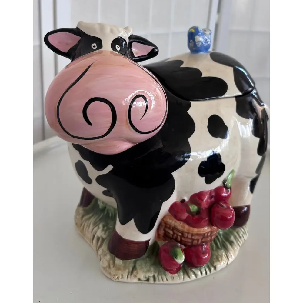 Cow Cookie Jar Farmhouse Country Kitchen Decor Ceramic Black White Apples - Picture 2 of 11